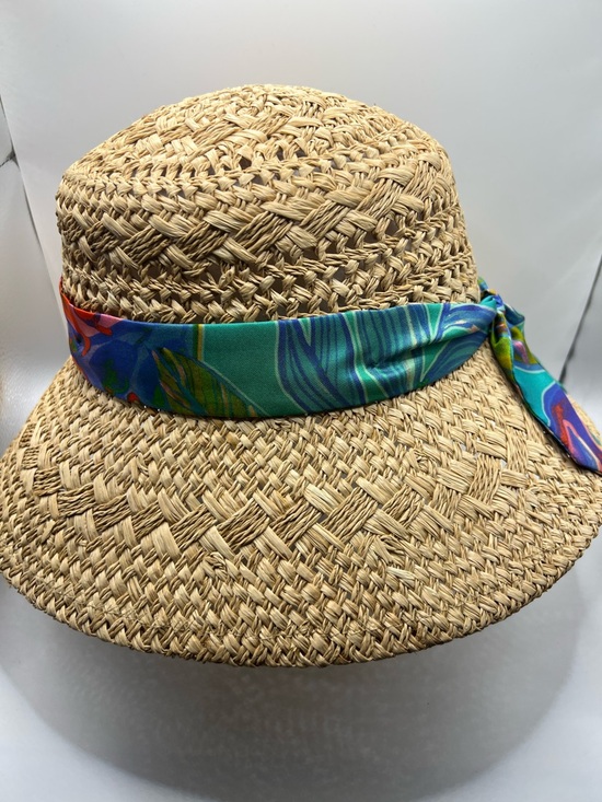 282. NWT. Johnny Was Raffia Boho Resort Hat w/ Turquoise Multicolor Scarf. main image 6